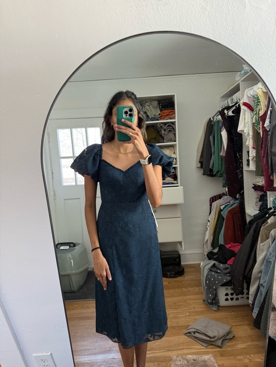 Azazie Dresses & Skirts - NWT Navy Puff-Sleeve Midi Dress